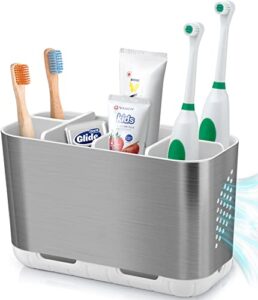 boperzi toothbrush holder toothpaste organizer drainage for bathroom vanity, large brushed nickel toothbrush storage caddy anti-slip rustic with adjustable dividers for family, kids