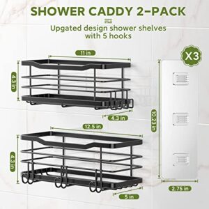 Adhesive Shower Caddy Bathroom Organizer, High Guardrail Shower Shelf for Inside Shower with 5 Hooks, No Drilling Shower Organizer Rustproof Stainless Steel Wall Mounted Shower Shelve - 2 Pack