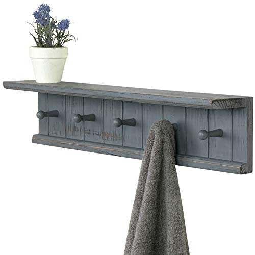 MyGift Wall Mounted Gray Wood Bathroom Shelf Organizer and Towel Rack with 5-Hook