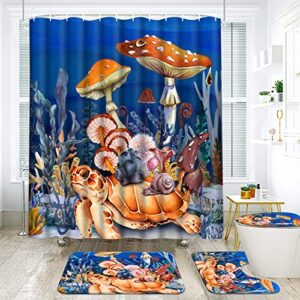 alishomtll 4pcs mushroom shower curtain sets with non-slip rug, toilet lid cover and bath mat, sea turtle bathroom sets, funny shower curtains with 12 hooks, ocean beach kids bathroom sets