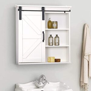 Sophia & William Medicine Cabinet with Farmhouse Sliding Barn Door, Bathroom Wall Mounted Cabinet with 3 Tier Storage, Ivory