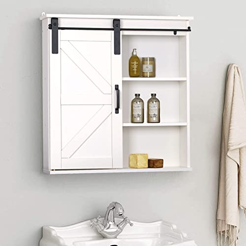 Sophia & William Medicine Cabinet with Farmhouse Sliding Barn Door, Bathroom Wall Mounted Cabinet with 3 Tier Storage, Ivory