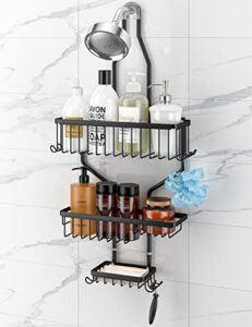 hyseyy shower caddy over shower head hanging shower caddy for bathroom, no drilling rustproof stainless steel hanging shower organizer with soap holder, 10 hooks, large capacity for whole family