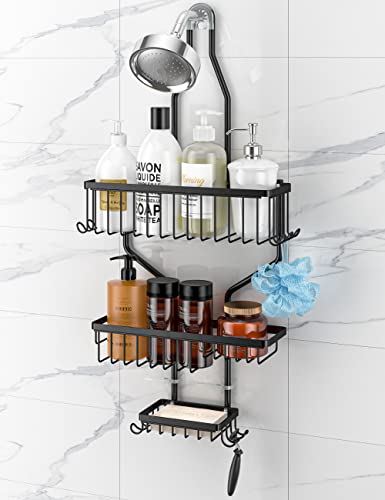 HYSEYY Shower Caddy Over Shower Head Hanging Shower Caddy for Bathroom, No Drilling Rustproof Stainless Steel Hanging Shower Organizer with Soap Holder, 10 Hooks, Large Capacity for Whole Family