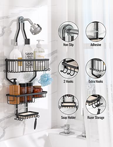 HYSEYY Shower Caddy Over Shower Head Hanging Shower Caddy for Bathroom, No Drilling Rustproof Stainless Steel Hanging Shower Organizer with Soap Holder, 10 Hooks, Large Capacity for Whole Family