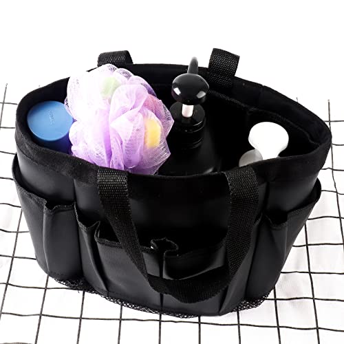 AUTSKY Mesh Shower Caddy Basket Portable Leather Shower Hand Bag for College Dorm, Bathroom, Gym, Travel, Quick Dry Hanging Shower Organizer with 8 Storage Bags for Bathroom Toiletries, Black