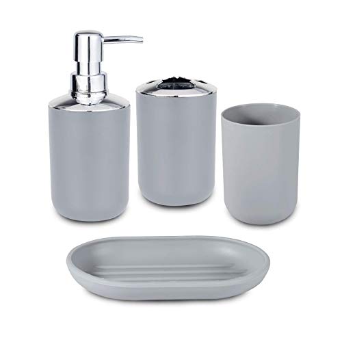 Bathroom Accessory Set 4 Pcs Plastic Bathroom Decor Toothbrush Holder Toothbrush Cup Soap Dispenser Soap Dish Farmhouse Decor Bathroom Home Decor Craft (Grey)