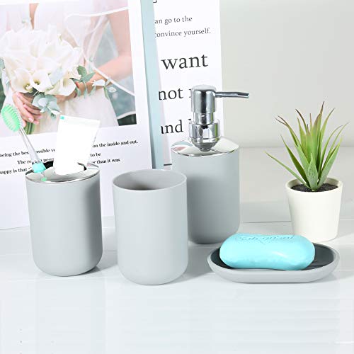 Bathroom Accessory Set 4 Pcs Plastic Bathroom Decor Toothbrush Holder Toothbrush Cup Soap Dispenser Soap Dish Farmhouse Decor Bathroom Home Decor Craft (Grey)