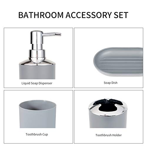 Bathroom Accessory Set 4 Pcs Plastic Bathroom Decor Toothbrush Holder Toothbrush Cup Soap Dispenser Soap Dish Farmhouse Decor Bathroom Home Decor Craft (Grey)