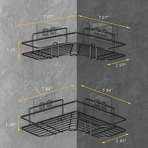 HuggieGems Adhesive Corner Shower Caddy Shelf Organizer Rack, Rustproof Shower Shelves Basket Storage for Inside Shower, Bathroom, Kitchen, Black, 2 Pack