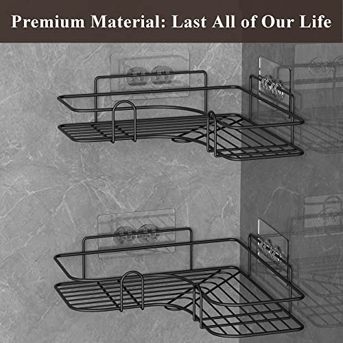 HuggieGems Adhesive Corner Shower Caddy Shelf Organizer Rack, Rustproof Shower Shelves Basket Storage for Inside Shower, Bathroom, Kitchen, Black, 2 Pack