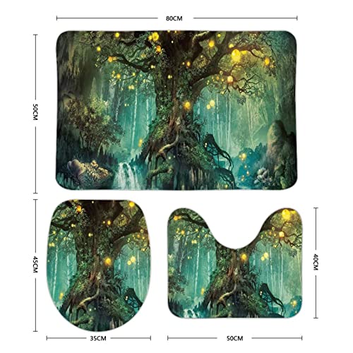 3 Piece Bathroom Rugs Set,Forest Fairy Tales Lanterns and Waterfalls Under Fantasy Large,Bath Rugs with U Contour Toilet Mat and Rugs Bath Mats Set,Bath Rugs Runner for Bathroom