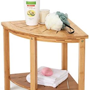 OasisSpace Bamboo Corner Shower Bench, Bath Bench Seat with Storage Shelf, Shaving Stool with Non-Slip Feet, Seat or Organizer Perfect for Indoor or Outdoor