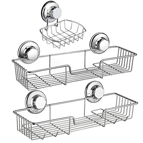 iPEGTOP 3in1 Suction Cup Shower Caddy Bath Wall Shelf + Soap Dish Holder for Large Shampoo Shower Gel Holder Bathroom Storage - Rustproof Stainless Steel