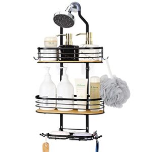 fogein shower caddy over shower head, hanging shower caddy, shower basket with suction cup, bathroom shower caddy over the door with bamboo board hook & soap box, no drilling(3 tier, black)