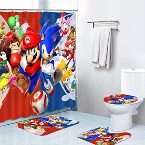 yqpbzchh 4 piece cartoon shower curtain sets with non-slip rug,toilet lid cover and absorbent carpet bath mat,durable waterproof shower curtain with 12 hooks for bathroom (b)