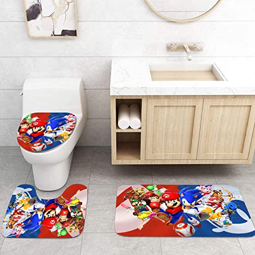 YQPBZCHH 4 Piece Cartoon Shower Curtain Sets with Non-Slip Rug,Toilet Lid Cover and Absorbent Carpet Bath Mat,Durable Waterproof Shower Curtain with 12 Hooks for Bathroom (B)