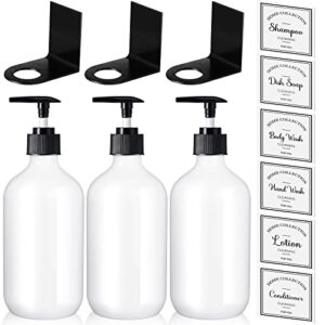 3 sets 17 oz empty shampoo bottles with pumps with 3 pieces shower gel bottle rack hook brackets and 6 pieces waterproof soap label sticker for shower kitchen bathroom toilet wall decoration (white)