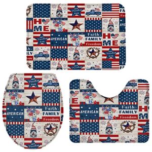 independence day 3 piece bath rugs sets american flag patriotic star 4th of july american holiday bathroom mats blue red white stripes gnome non slip absorbent u-shaped contour toilet lid cover