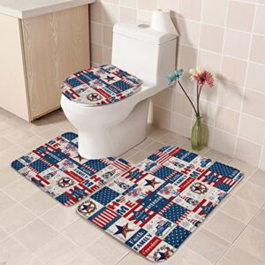 Independence Day 3 Piece Bath Rugs Sets American Flag Patriotic Star 4th of July American Holiday Bathroom Mats Blue Red White Stripes Gnome Non Slip Absorbent U-Shaped Contour Toilet Lid Cover