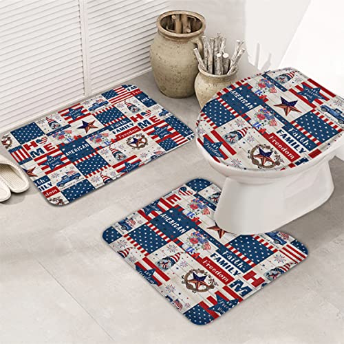 Independence Day 3 Piece Bath Rugs Sets American Flag Patriotic Star 4th of July American Holiday Bathroom Mats Blue Red White Stripes Gnome Non Slip Absorbent U-Shaped Contour Toilet Lid Cover