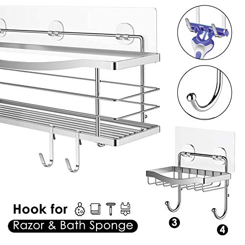 ODesign Adhesive Shower Caddy Shelf With Soap Dish Holder for Shampoo Conditioner Sponge Razor Kitchen Bathroom Basket Organizer Wall Mounted Stainless Steel Removable 2 Hooks