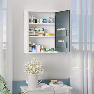 kleankin Bathroom Medicine Cabinet with Shelves Inside & On Door, Locking Medical Cabinet for Child & Pet Safety, First Aid Bathroom Wall Cabinet, White and Grey