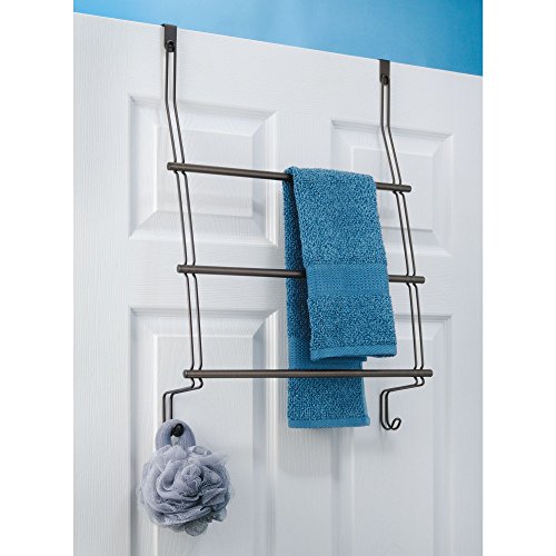 iDesign Classico Steel Over-The-Door Towel Rack with Storage Hooks - 16.75" x 4.25" x 24", Bronze