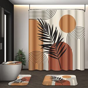 tayney mid century bohemian shower curtain sets with toilet lid cover and non-slip rugs, abstract sun plants 4 pcs shower curtains for bathroom, minimalist vintage brown beige bathroom decor