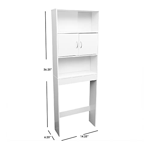 Home Basics Space Saver for Bathroom (White) MDF Bathroom Space Saver with Three Shelves and Cabinet Doors | Toilet Saver for Towels, Toilet Paper, Beauty Supplies, and Décor