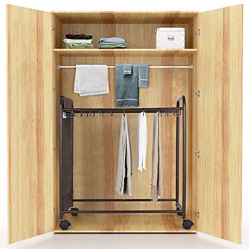 Pants Trolley for Closet Pants Hangers Rolling Storage for Trouser Jean Pant Trolley Closet Organizer with 20 Hangers and Side Bag for Dress Jeans Skirts Metal