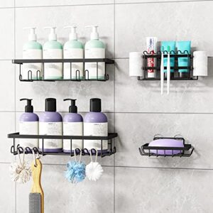 shower caddy bathroom organizer, self adhesive shower shelves with soap holder, wall mount bathroom shelf storage, bathroom essential accessories (black 4 pack)