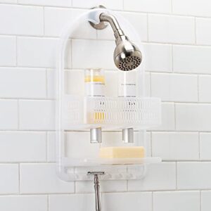 bath bliss molded shower caddy | bathroom storage | hangs over shower head | 6 accessory hooks | holds razors | washcloths | accessories | suction cup stability | white