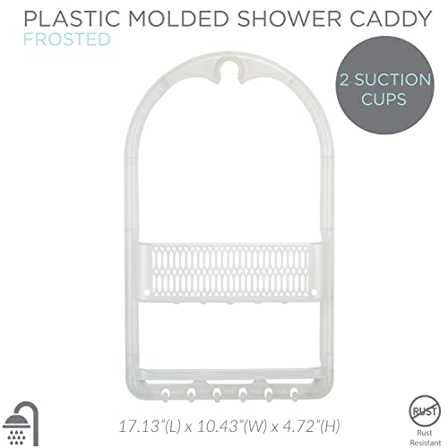 Bath Bliss Molded Shower Caddy | Bathroom Storage | Hangs Over Shower Head | 6 Accessory Hooks | Holds Razors | Washcloths | Accessories | Suction Cup Stability | White