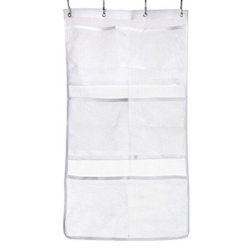 Mesh Shower Organizer Hanging, 6 Pockets Bath Shower Caddy Organizer Hanging Bathroom Shower Curtain Rod Accessories 4 Rings, Quick Dry