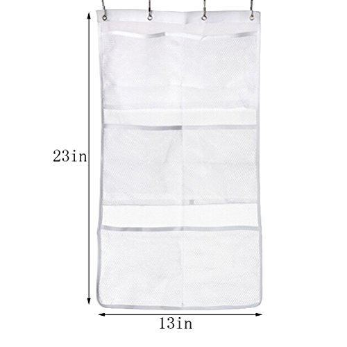 Mesh Shower Organizer Hanging, 6 Pockets Bath Shower Caddy Organizer Hanging Bathroom Shower Curtain Rod Accessories 4 Rings, Quick Dry