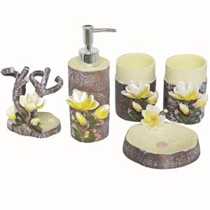 luant bathroom decorative accessary set, vanity countertop organizer including soap dispenser, tumblers, jewelry tray and brush holder decorated with 3d tree and flower