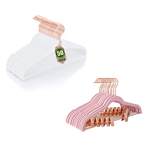 HOUSE DAY Pink Velvet Skirt Hangers 24 Pack and White Velvet Hangers 50 Pack, Non Slip Hangers Set