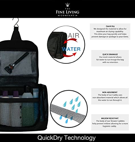 The Fine Living Co. Portable Hanging Shower Caddy Organizer Bag, Quick Dry Mesh Shower Caddy Tote Bag Pouch with Metal Hook for Bathroom College Dorm Camp Gym Camping Toiletry Bath (12”x3”x8”)