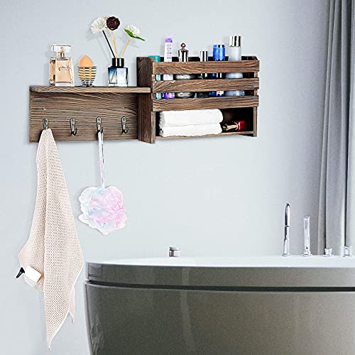 Lovewud Rustic Wood Show Caddy with 4 Hook, Bathroom Shower Shelf Storage Rack, Wall Mount Bathroom Organizer for Toilet, Dorm, kitchen