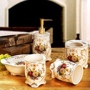 vintage ceramic bathroom accessories sets,bathroom vanity decor simple painted yellow red peony white 5 piece contain soap dispenser,2 pcs tumbler,toothbrush holder,soap dish for home hotel toilet