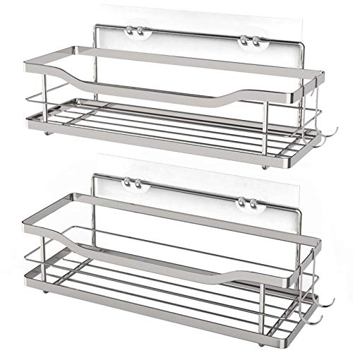 Starsov Adhesive Shower Wall Shelf, Shower Caddy Basket with 4 Hooks, Bathroom Shower Storage Organizer Stainless Steel No Drilling, 2 Pack