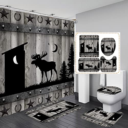 Camille&Andrew 4PCS/Set Rustic Deer Shower Curtain, Black Outhouse Pine Tree Moon Western Texas Star Horseshoe Wildlife Hunting Cabin Grey Barn Door Farmhouse Bathroom Decor, Non-slip Bath Rugs, Moose