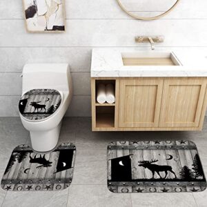 Camille&Andrew 4PCS/Set Rustic Deer Shower Curtain, Black Outhouse Pine Tree Moon Western Texas Star Horseshoe Wildlife Hunting Cabin Grey Barn Door Farmhouse Bathroom Decor, Non-slip Bath Rugs, Moose