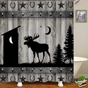 Camille&Andrew 4PCS/Set Rustic Deer Shower Curtain, Black Outhouse Pine Tree Moon Western Texas Star Horseshoe Wildlife Hunting Cabin Grey Barn Door Farmhouse Bathroom Decor, Non-slip Bath Rugs, Moose