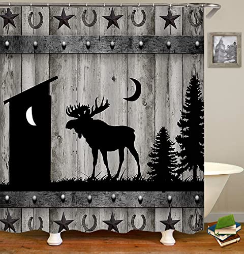 Camille&Andrew 4PCS/Set Rustic Deer Shower Curtain, Black Outhouse Pine Tree Moon Western Texas Star Horseshoe Wildlife Hunting Cabin Grey Barn Door Farmhouse Bathroom Decor, Non-slip Bath Rugs, Moose