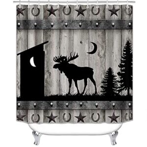 Camille&Andrew 4PCS/Set Rustic Deer Shower Curtain, Black Outhouse Pine Tree Moon Western Texas Star Horseshoe Wildlife Hunting Cabin Grey Barn Door Farmhouse Bathroom Decor, Non-slip Bath Rugs, Moose