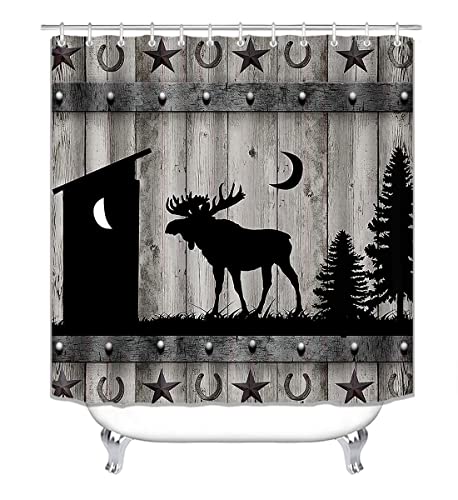 Camille&Andrew 4PCS/Set Rustic Deer Shower Curtain, Black Outhouse Pine Tree Moon Western Texas Star Horseshoe Wildlife Hunting Cabin Grey Barn Door Farmhouse Bathroom Decor, Non-slip Bath Rugs, Moose