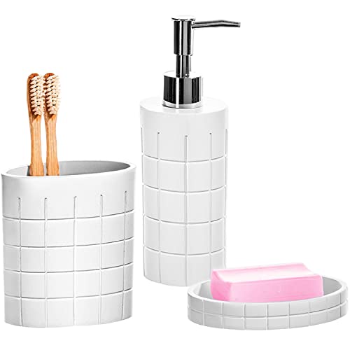 White Bathroom Accessories Set - Decorative 3-Piece Bathroom Accessory Set Includes: Soap Dispenser, Toothbrush Holder and Soap Dish - Rust-Resistant Bathroom Sets Accessories (Polar)