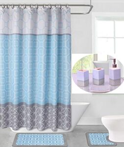 gorgeoushomelinen diamond 19pc complete bathroom bath mat set with shower,hooks and ceramic accesories in assorted colors (silver/light blue)